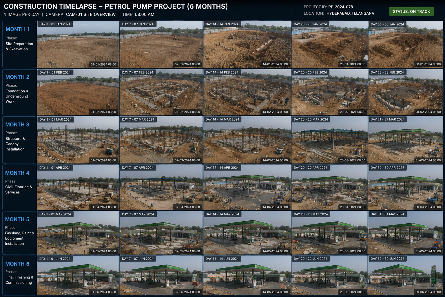 Construction timelapse — 6 months of petrol pump build, one image per day, CAM-01 site overview
